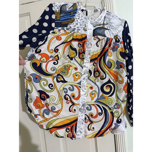 La Prestic Ouiston Jeanne Ship Map Swirl Print Silk Top Blouse Patchwork 1 Small - Picture 6 of 15